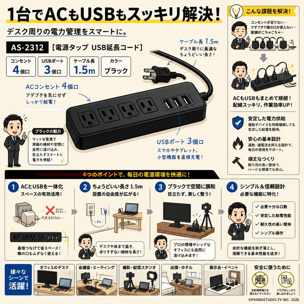 電源タップ USB延長コード AS-2312 [コンセント4個口 USBポート 3個口] ブラック 1.5m 概要