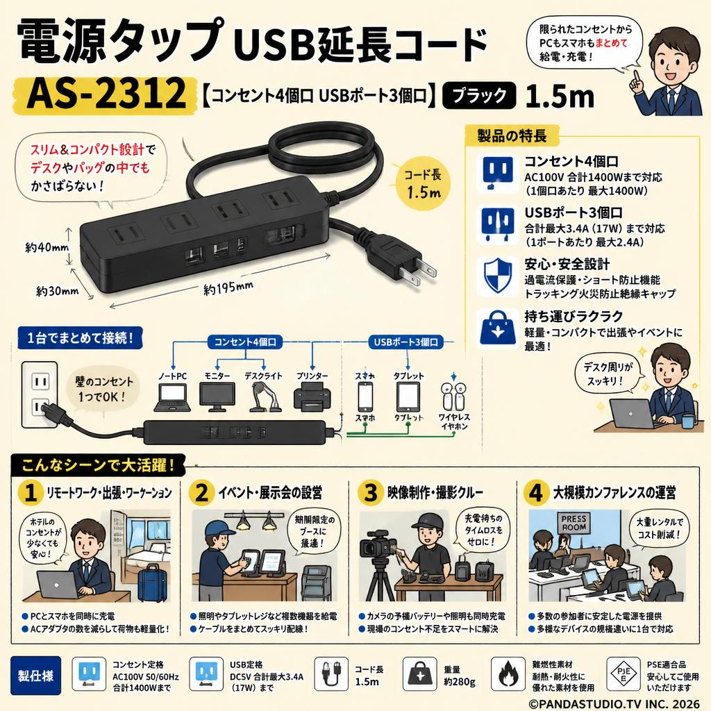 電源タップ USB延長コード AS-2312 [コンセント4個口 USBポート 3個口] ブラック 1.5m おもな対象のお客様
