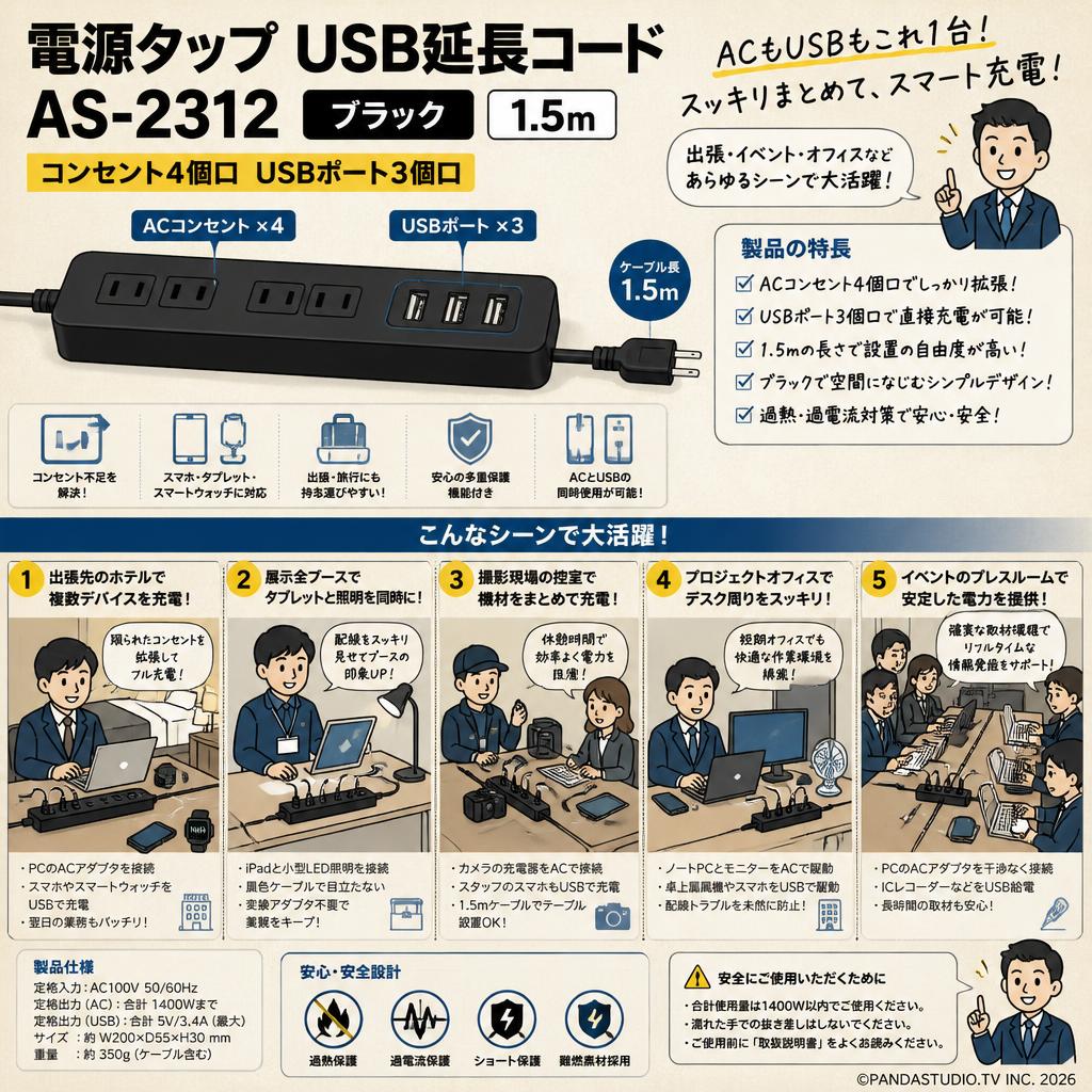 電源タップ USB延長コード AS-2312 [コンセント4個口 USBポート 3個口] ブラック 1.5m 用途