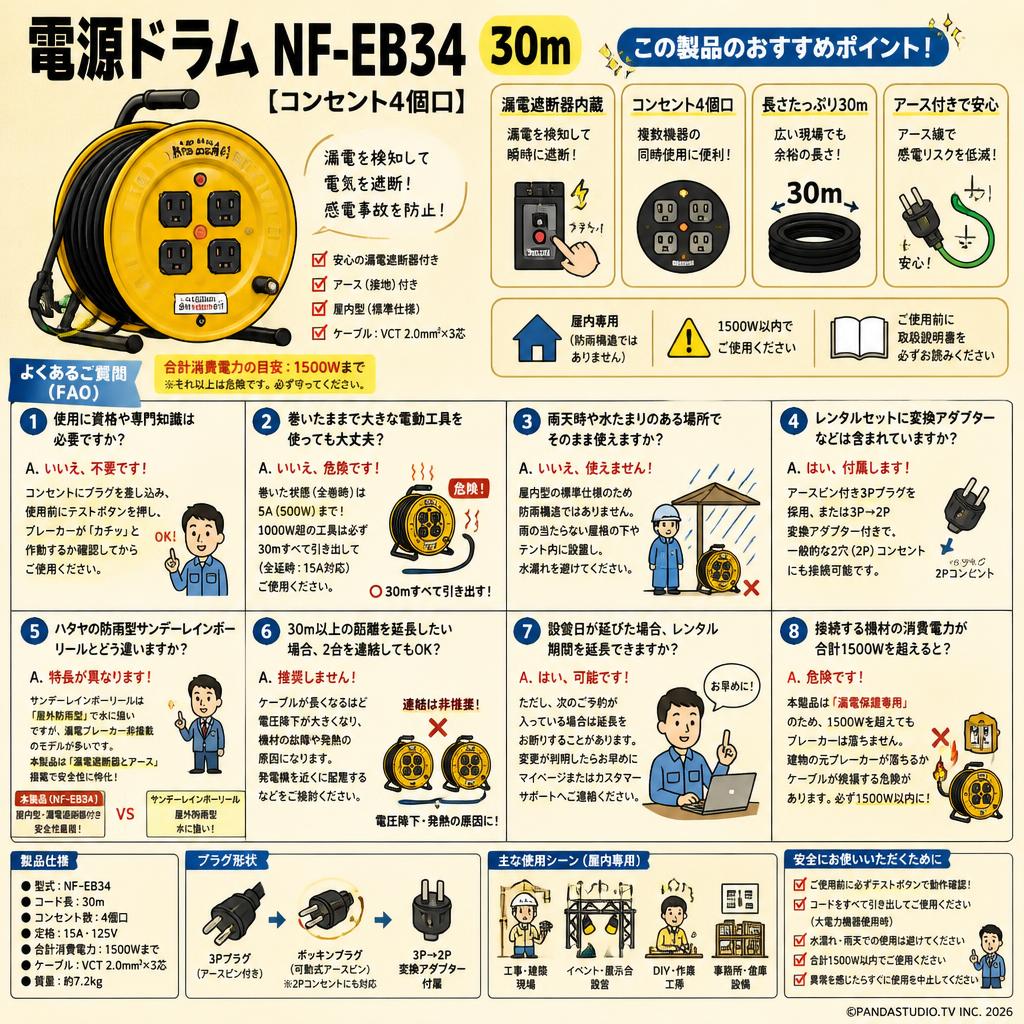 電源ドラム NF-EB34 [コンセント4個口] 30m FAQ（よくある質問と答え）