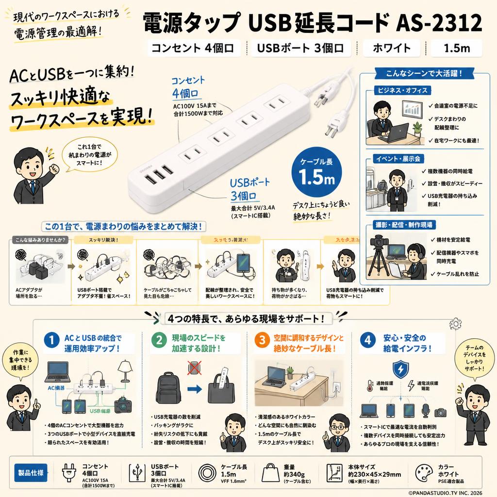 電源タップ USB延長コード AS-2312 [コンセント4個口 USBポート 3個口] ホワイト 1.5m 概要