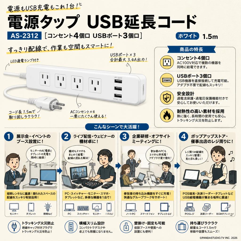 電源タップ USB延長コード AS-2312 [コンセント4個口 USBポート 3個口] ホワイト 1.5m おもな対象のお客様