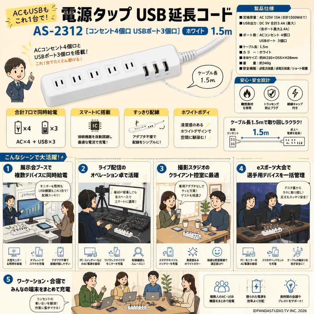 電源タップ USB延長コード AS-2312 [コンセント4個口 USBポート 3個口] ホワイト 1.5m 用途