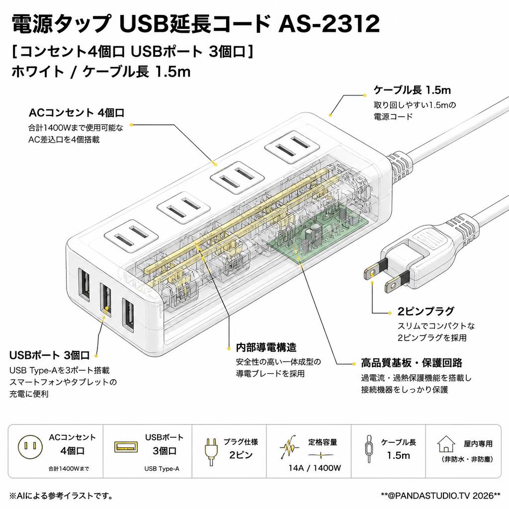 電源タップ USB延長コード AS-2312 [コンセント4個口 USBポート 3個口] ホワイト 1.5m スペック
