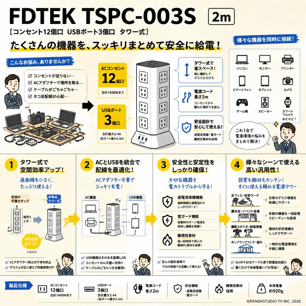 FDTEK TSPC-003S [コンセント12個口 USBポト3個口 タワー式] 2m 概要