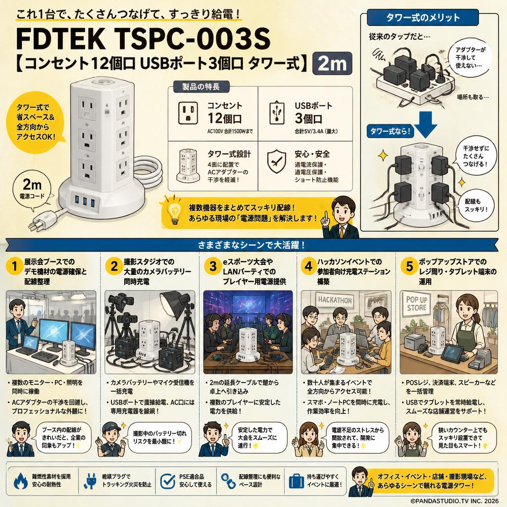 FDTEK TSPC-003S [コンセント12個口 USBポト3個口 タワー式] 2m 用途