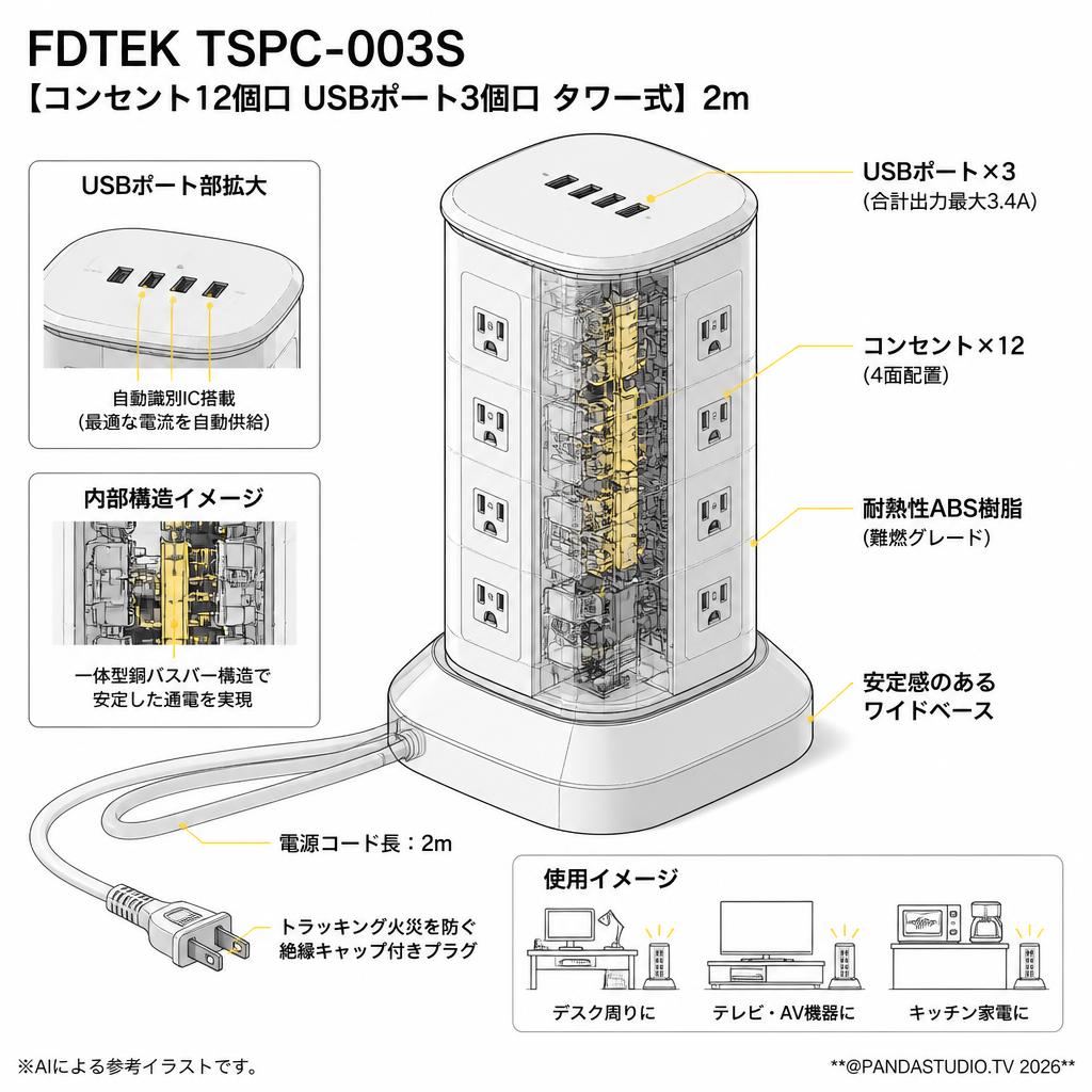 FDTEK TSPC-003S [コンセント12個口 USBポト3個口 タワー式] 2m スペック
