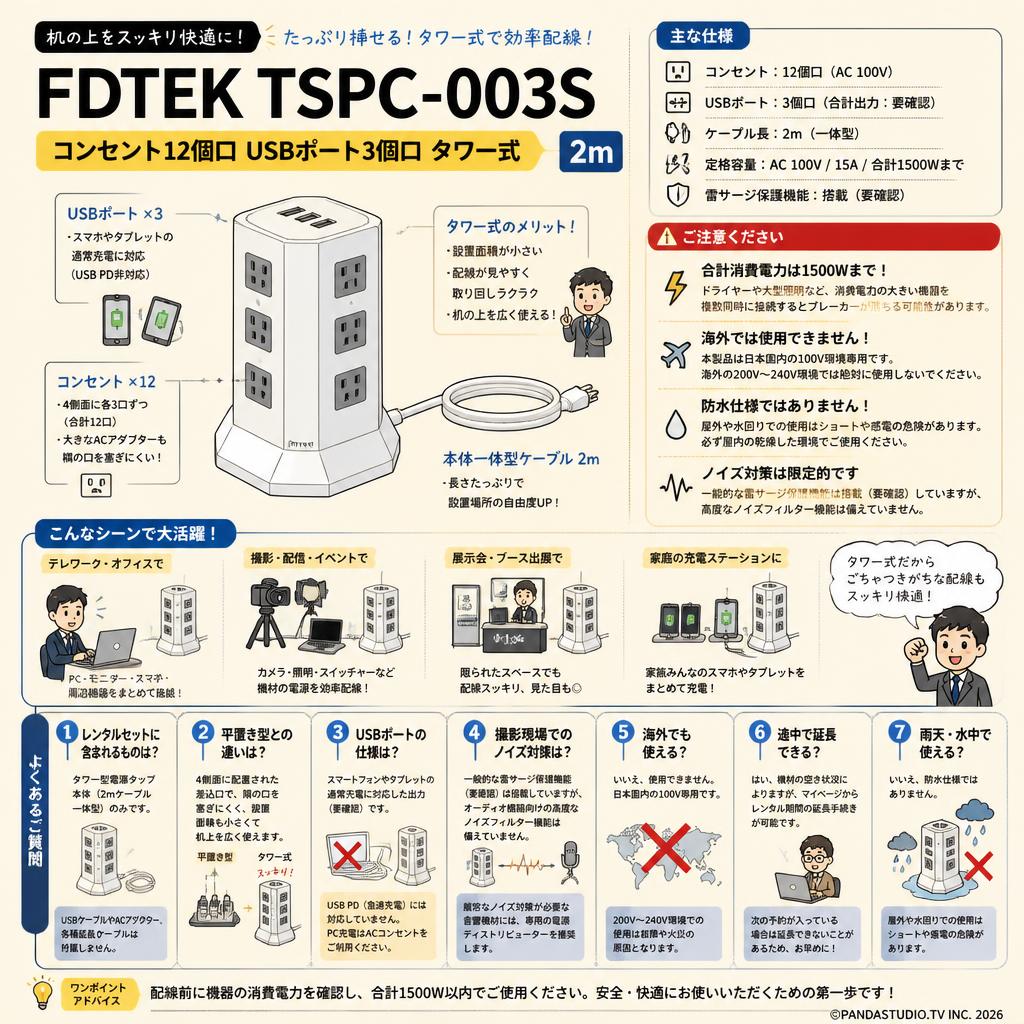 FDTEK TSPC-003S [コンセント12個口 USBポト3個口 タワー式] 2m FAQ（よくある質問と答え）