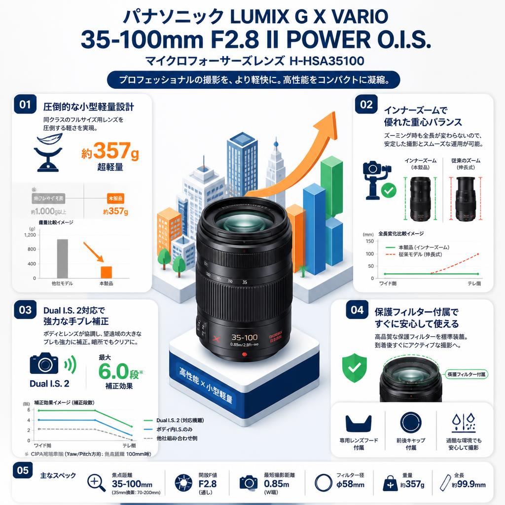 Panasonic LUMIX G X VARIO 35-100mm F2.8 II POWER O.I.S. マイクロフォーサーズレンズ H-HSA35100 セールスポイント