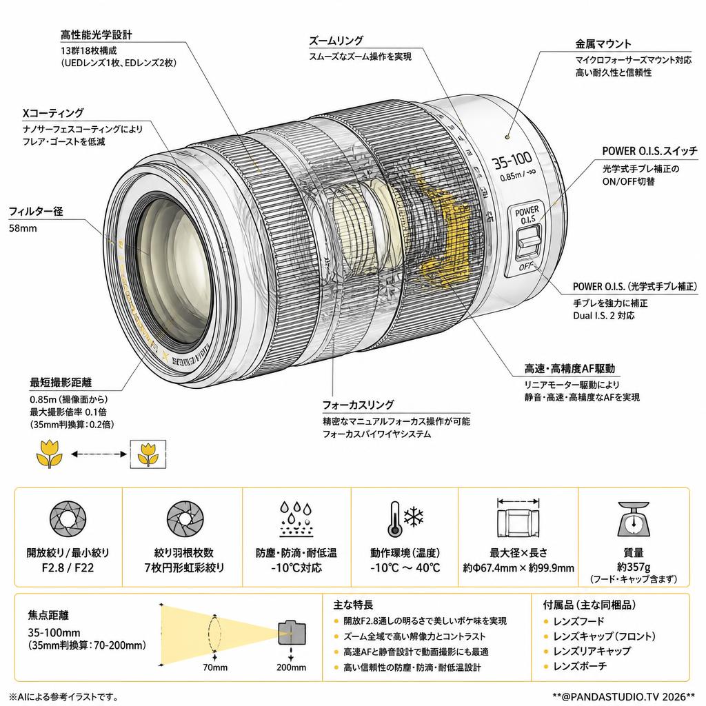 Panasonic LUMIX G X VARIO 35-100mm F2.8 II POWER O.I.S. マイクロフォーサーズレンズ H-HSA35100 スペック