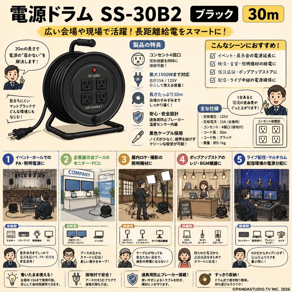 電源ドラム SS-30B2 [コンセント4個口] ブラック 30m 用途