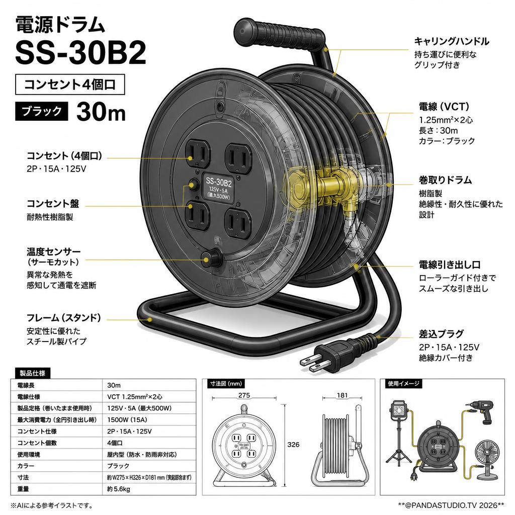 電源ドラム SS-30B2 [コンセント4個口] ブラック 30m スペック