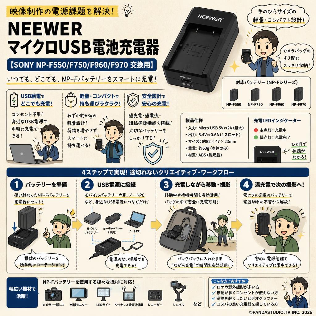 NEEWER マイクロUSB電池充電器 【SONY NP-F550/F750/F960/F970 交換用】 概要
