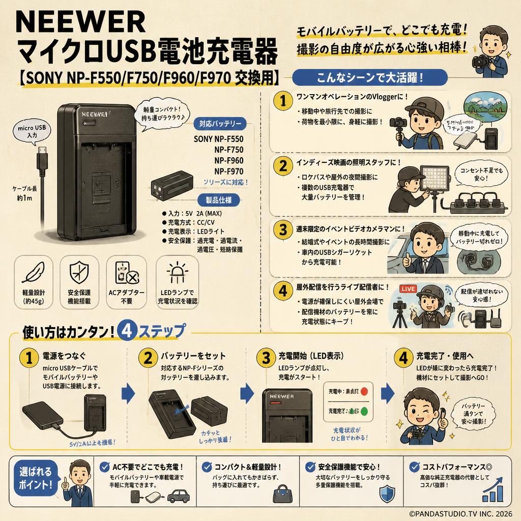 NEEWER マイクロUSB電池充電器 【SONY NP-F550/F750/F960/F970 交換用】 おもな対象のお客様