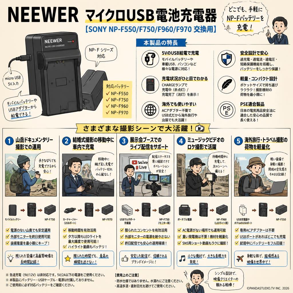 NEEWER マイクロUSB電池充電器 【SONY NP-F550/F750/F960/F970 交換用】 用途