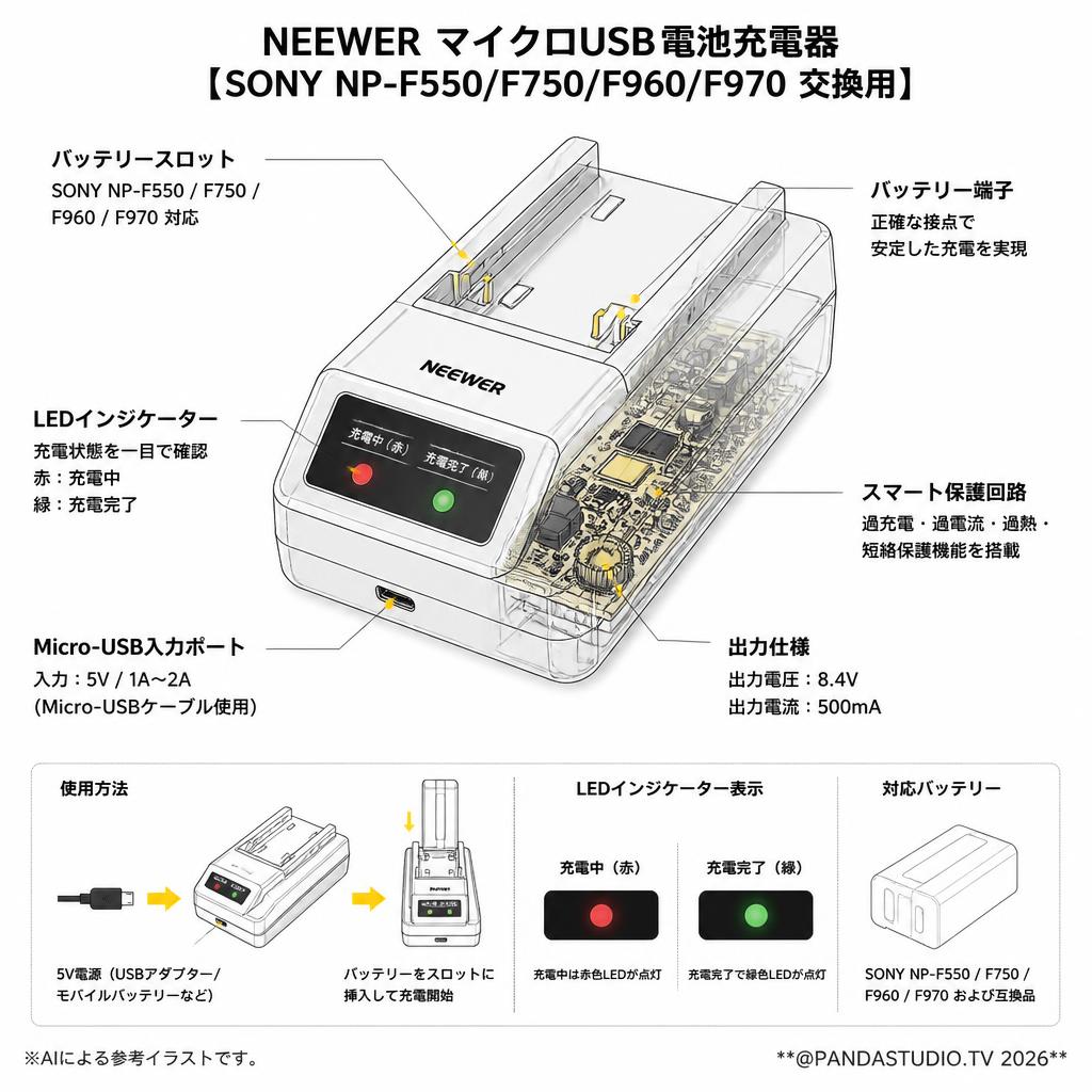 NEEWER マイクロUSB電池充電器 【SONY NP-F550/F750/F960/F970 交換用】 スペック