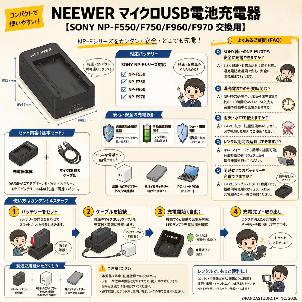 NEEWER マイクロUSB電池充電器 【SONY NP-F550/F750/F960/F970 交換用】 FAQ（よくある質問と答え）