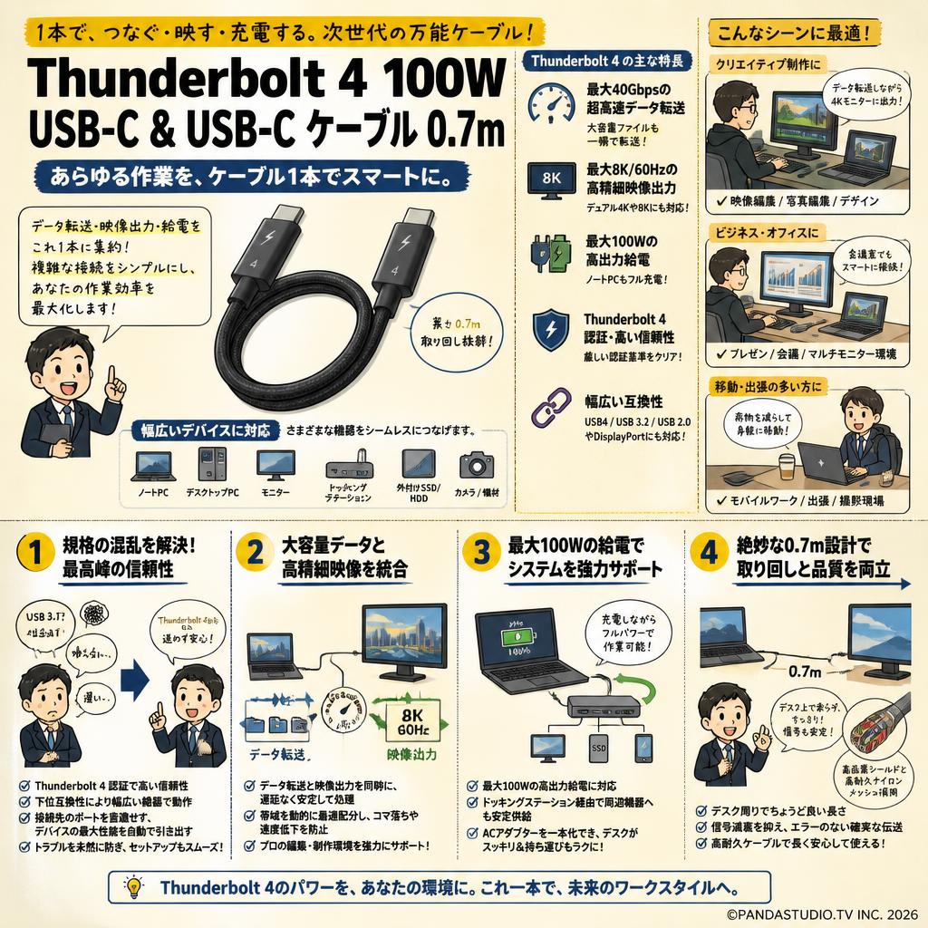 Thunderbolt 4 100W USB-C & USB-C ケーブル 0.7m 概要