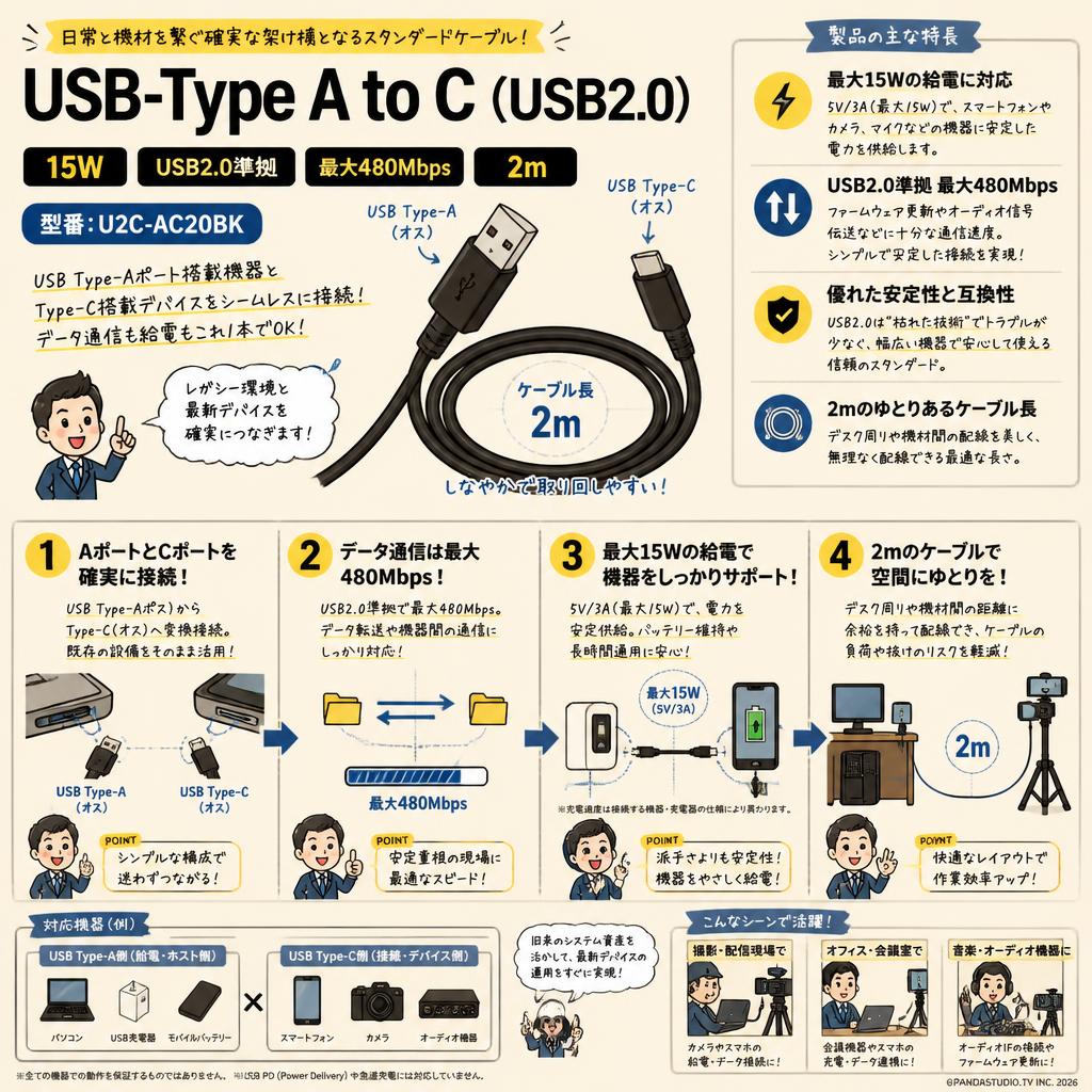 USB-Type A to C（USB2.0）15W USB2.0準拠 最大480Mbps 2m  U2C-AC20BK 概要