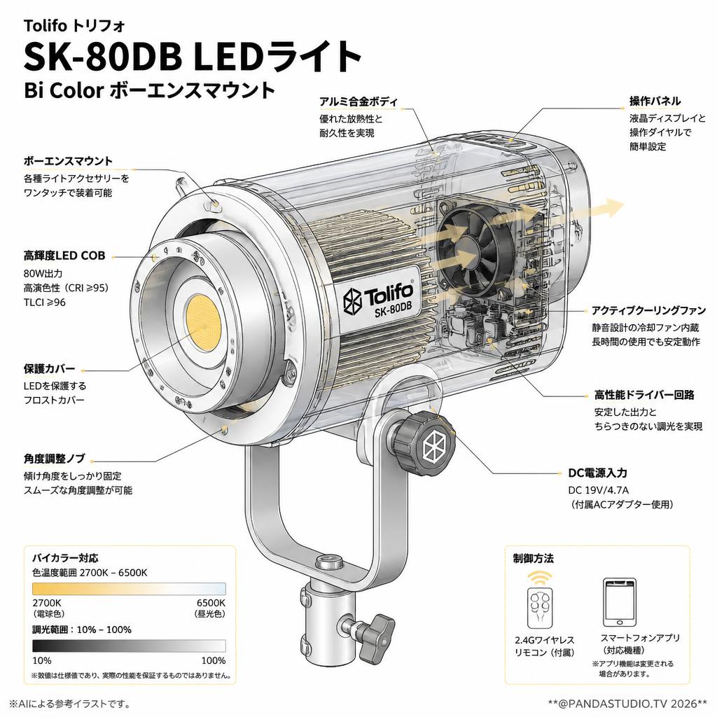 Tolifo トリフォ SK-80DB LEDライトBi Color ボーエンスマウント スペック