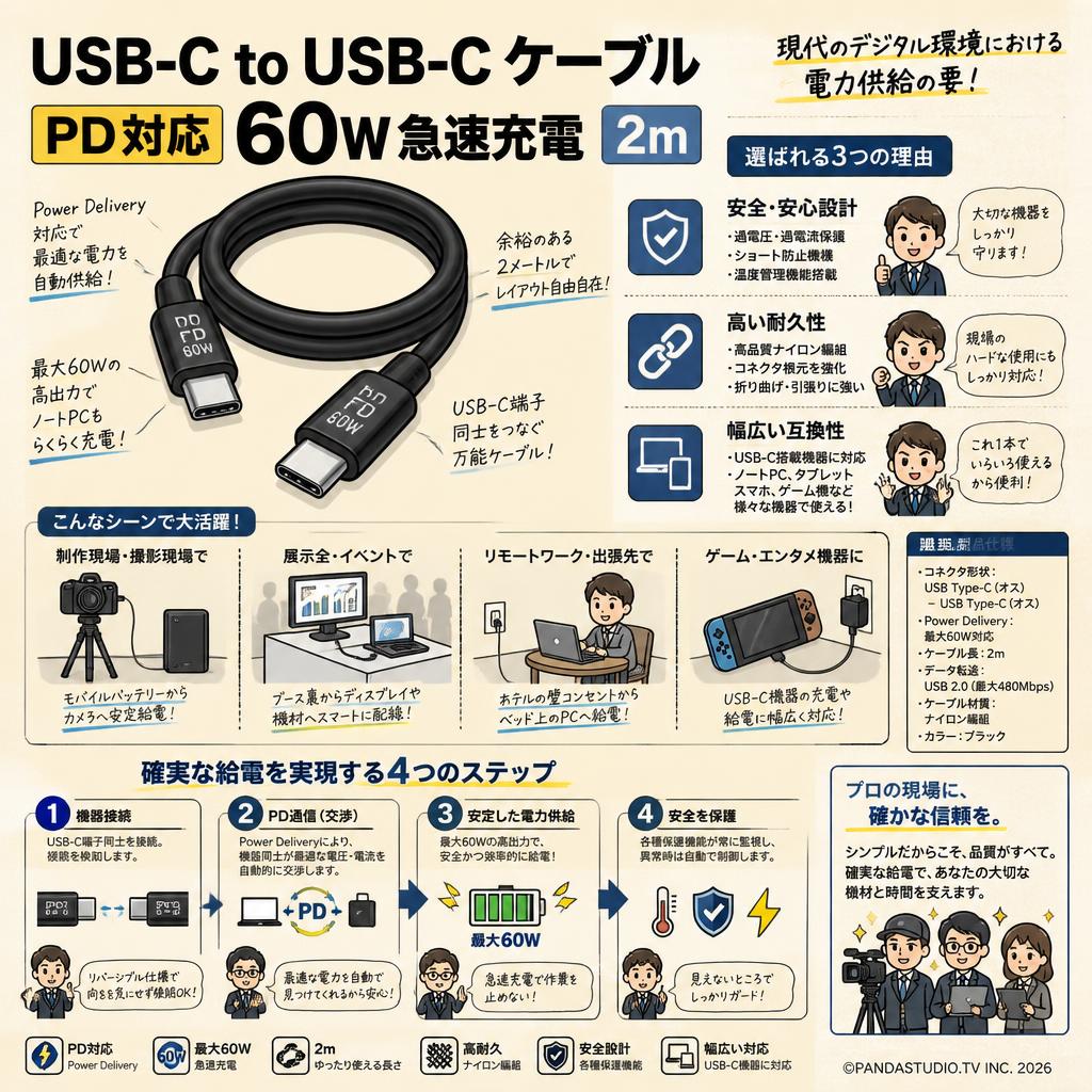 USB-C to USB-C ケーブル PD対応 60W急速充電 2m 概要