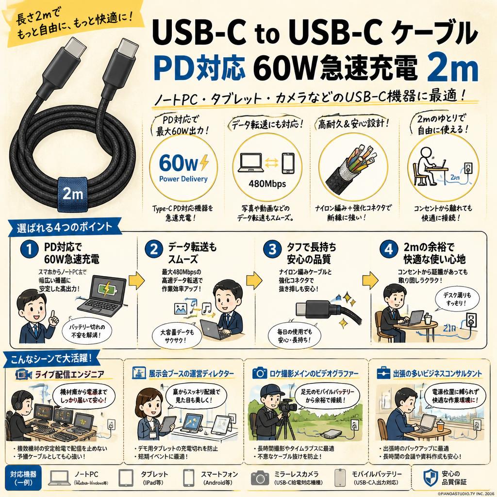 USB-C to USB-C ケーブル PD対応 60W急速充電 2m おもな対象のお客様