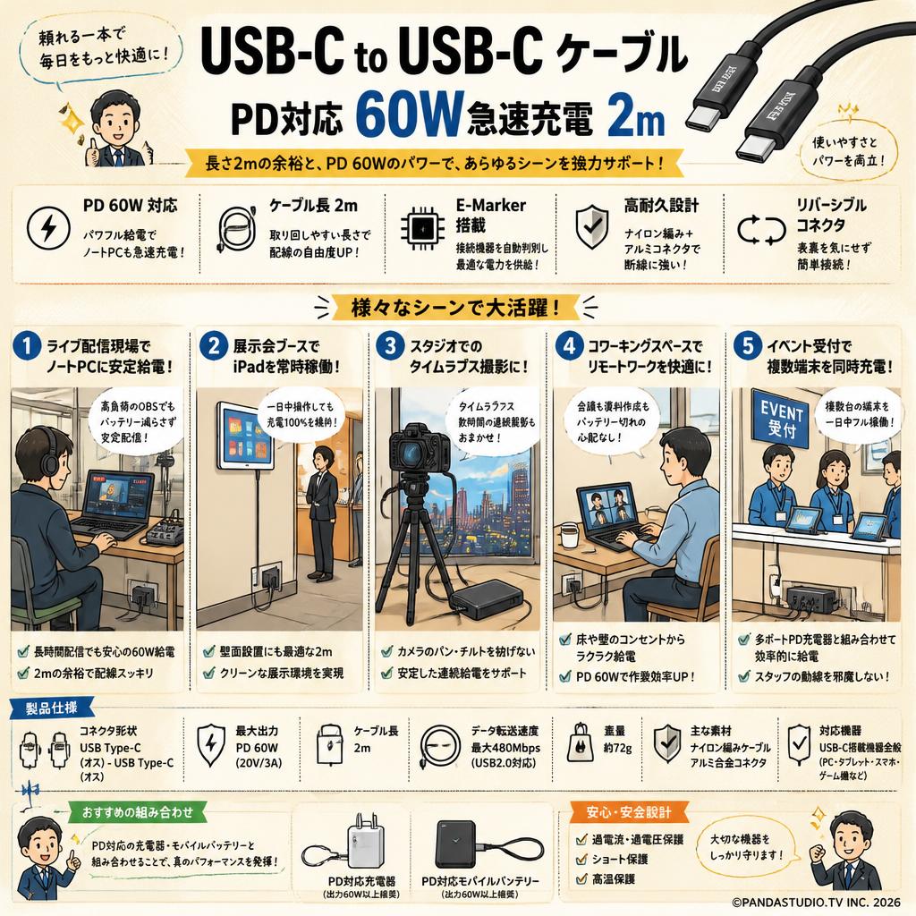 USB-C to USB-C ケーブル PD対応 60W急速充電 2m 用途