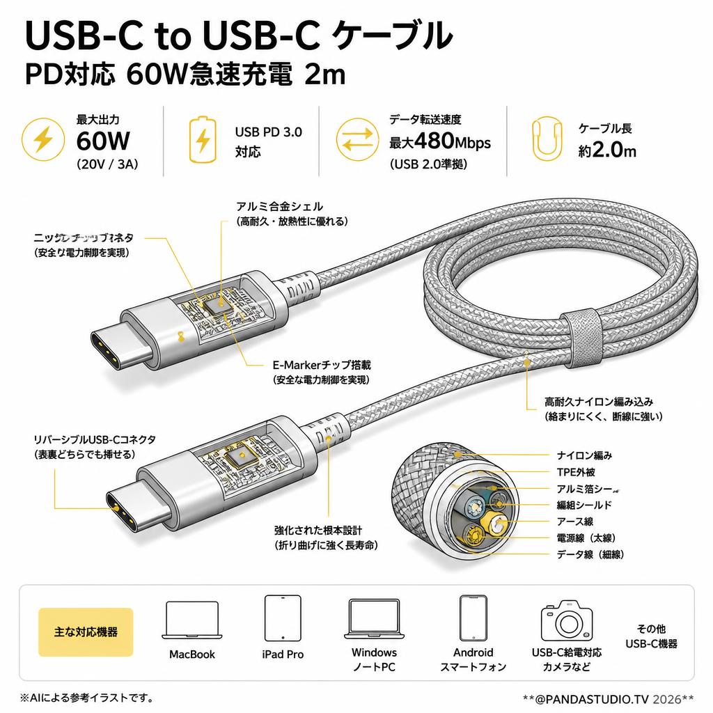 USB-C to USB-C ケーブル PD対応 60W急速充電 2m スペック