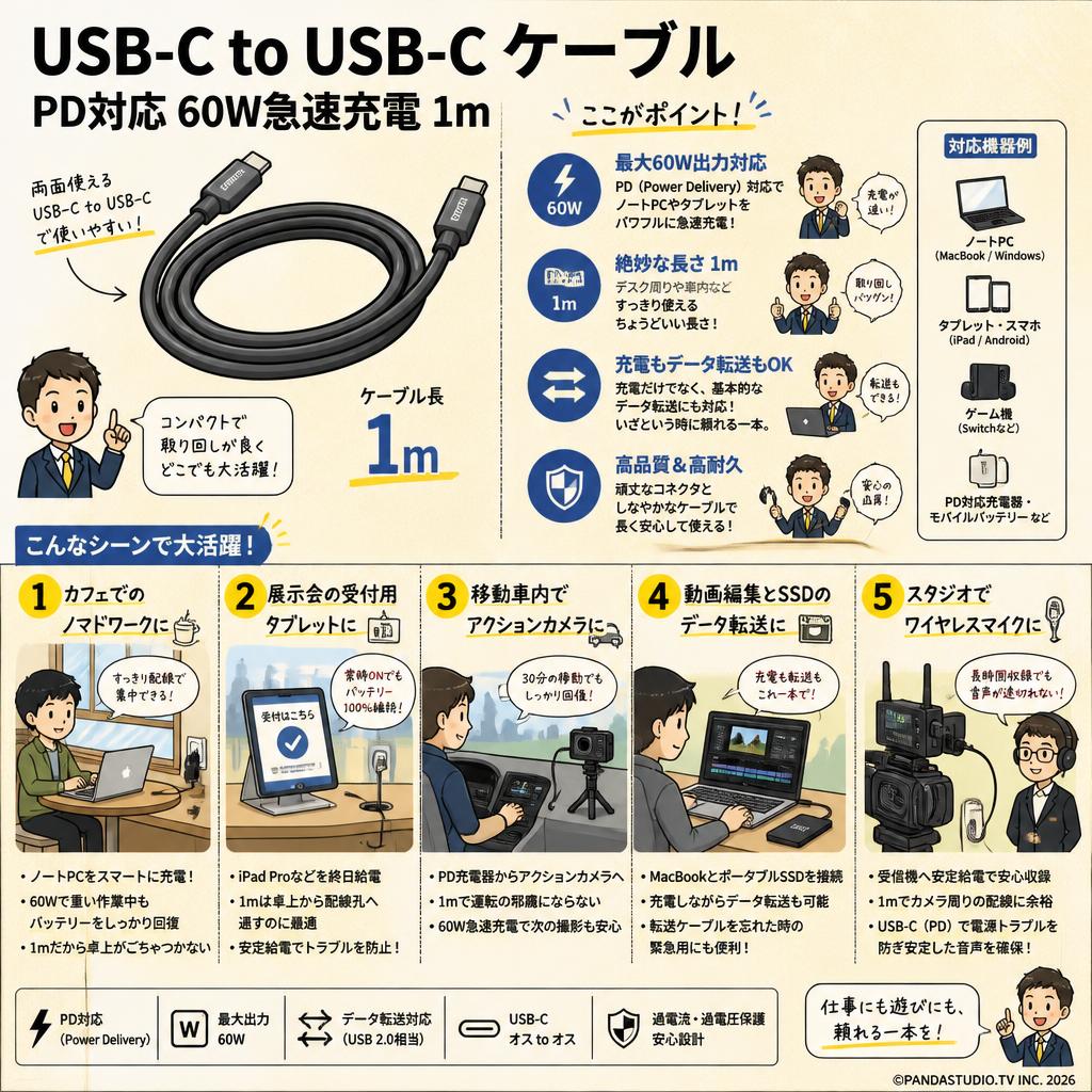 USB-C to USB-C ケーブル PD対応 60W急速充電 1m 用途