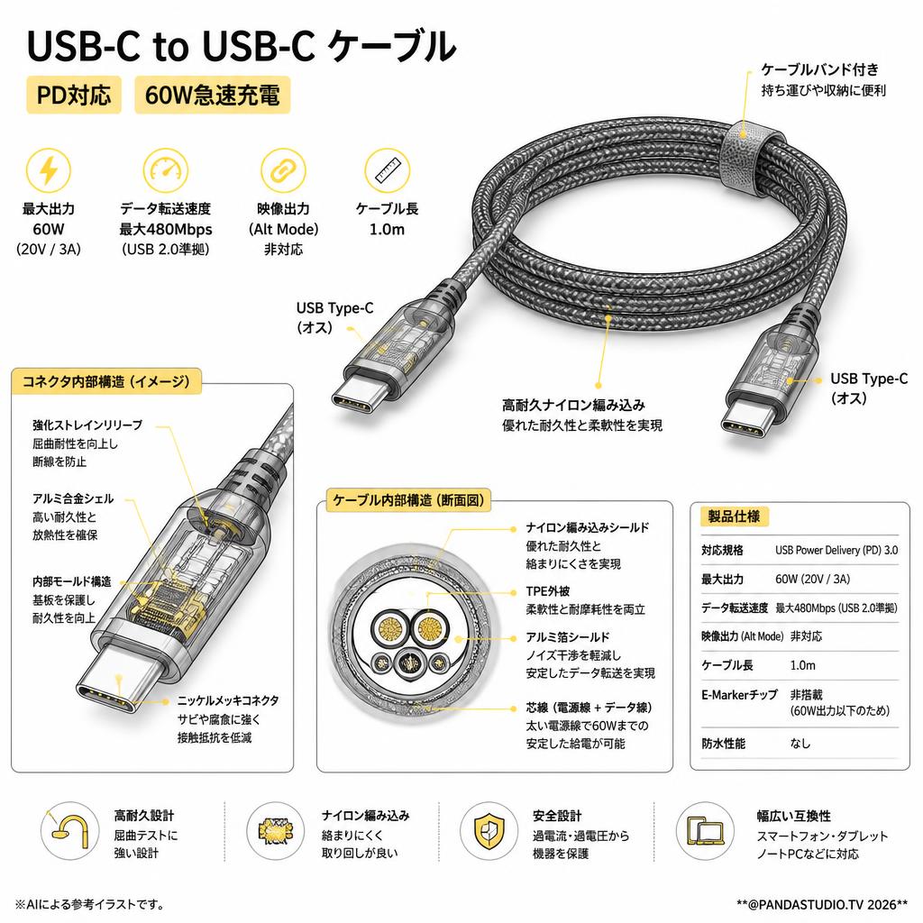 USB-C to USB-C ケーブル PD対応 60W急速充電 1m スペック