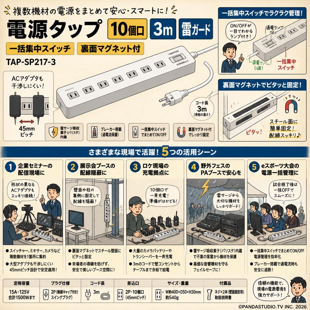 電源タップ  10個口 3m 雷ガード  一括集中スイッチ 裏面マグネット付 TAP-SP217-3 用途