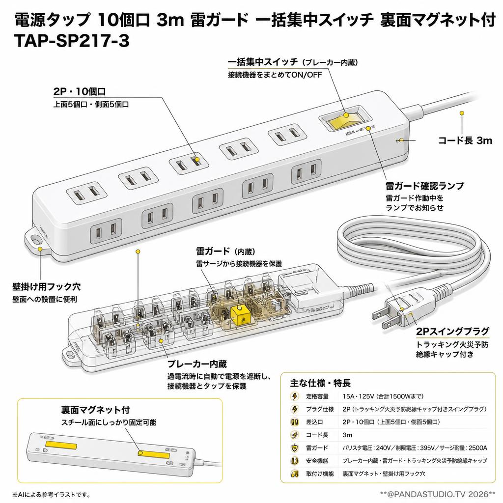 電源タップ  10個口 3m 雷ガード  一括集中スイッチ 裏面マグネット付 TAP-SP217-3 スペック