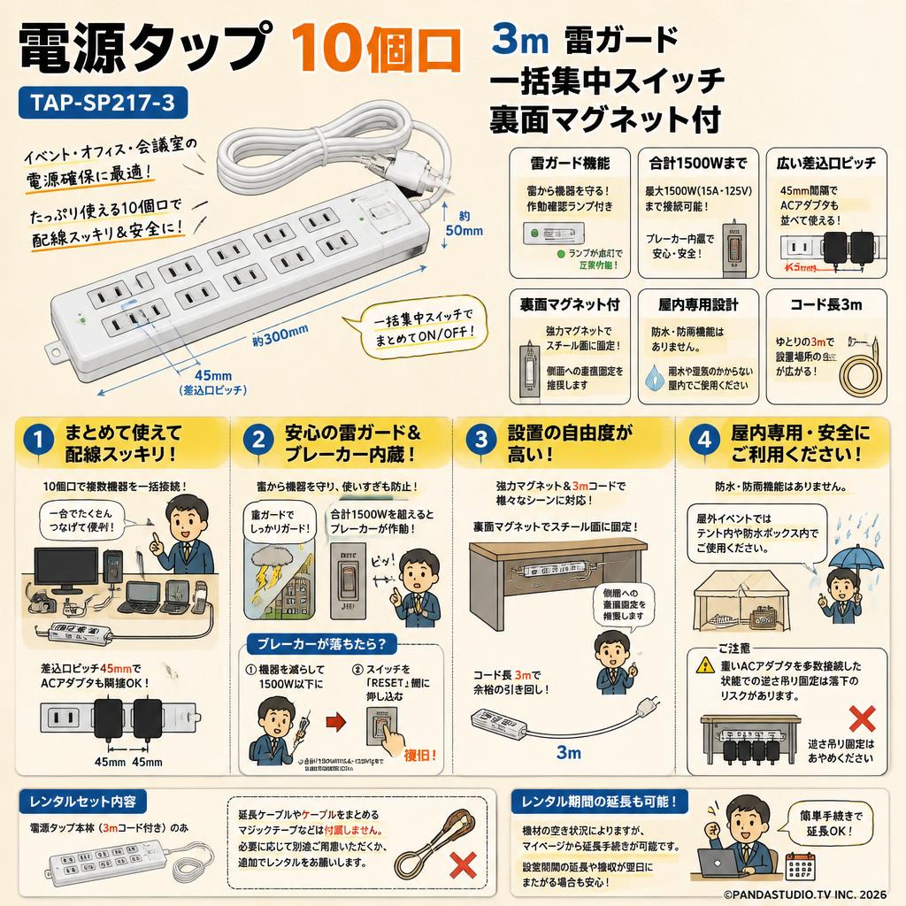 電源タップ  10個口 3m 雷ガード  一括集中スイッチ 裏面マグネット付 TAP-SP217-3 FAQ（よくある質問と答え）