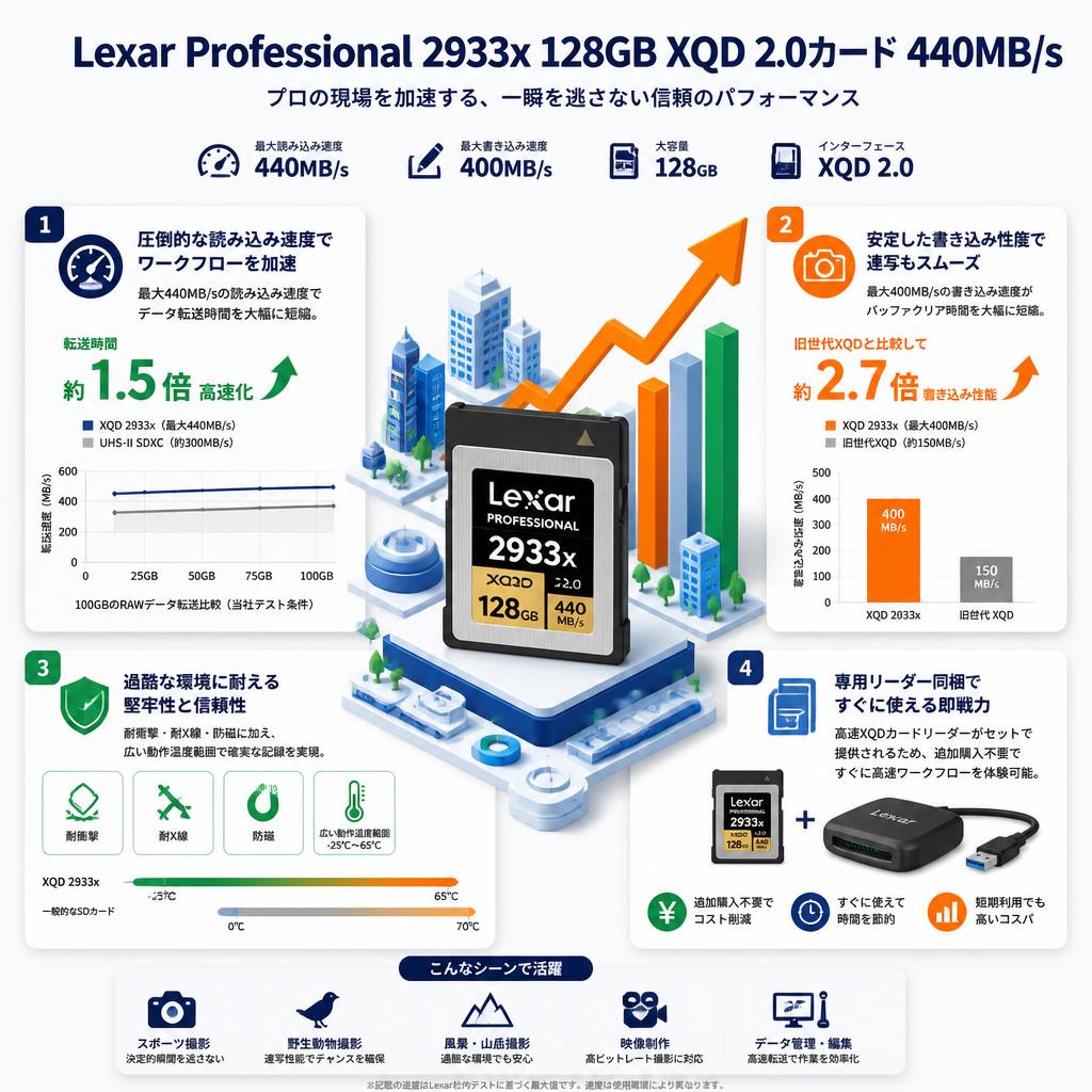 Lexar Professional 2933x 128GB XQD 2.0カード 440MB/s セールスポイント