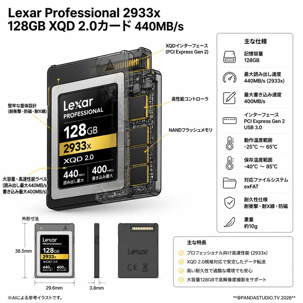 Lexar Professional 2933x 128GB XQD 2.0カード 440MB/s スペック