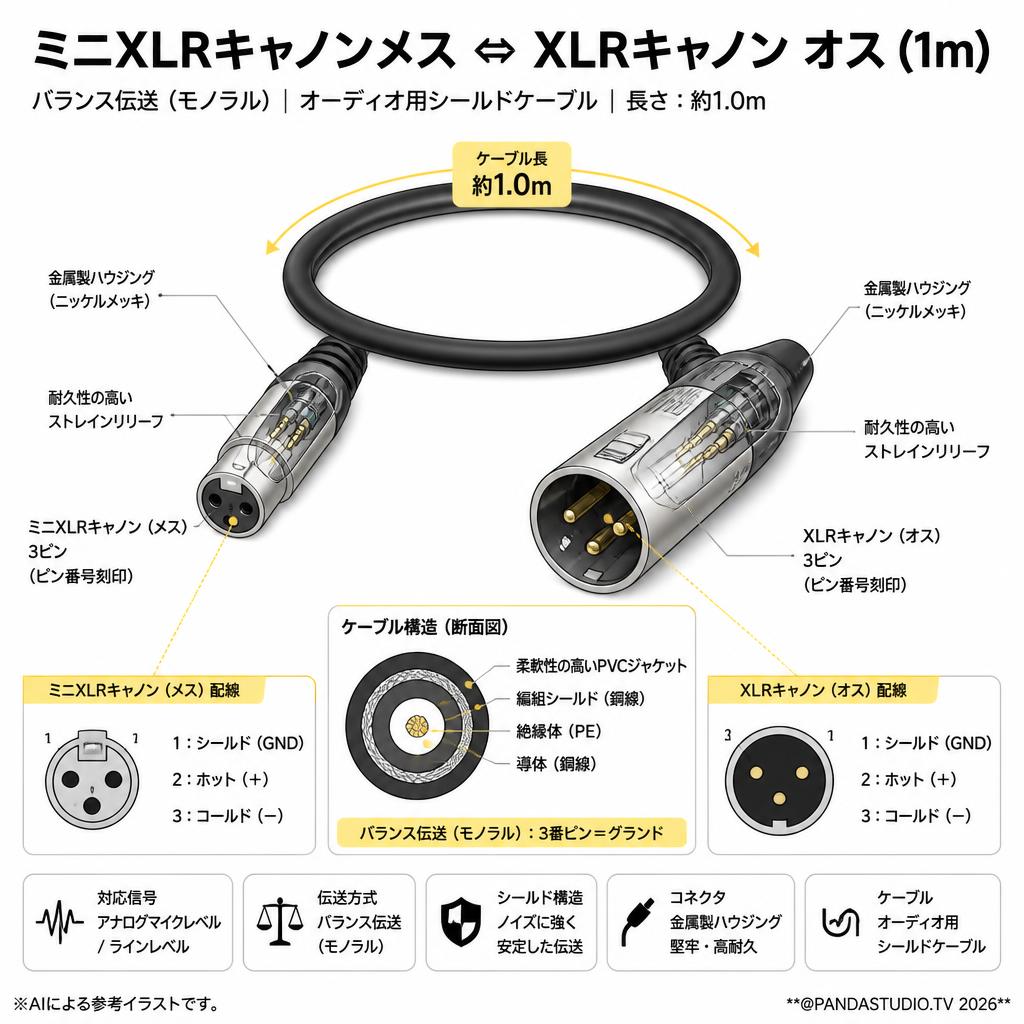 ミニXLRキャノンメス ⇔ XLRキャノン オス (1m) スペック