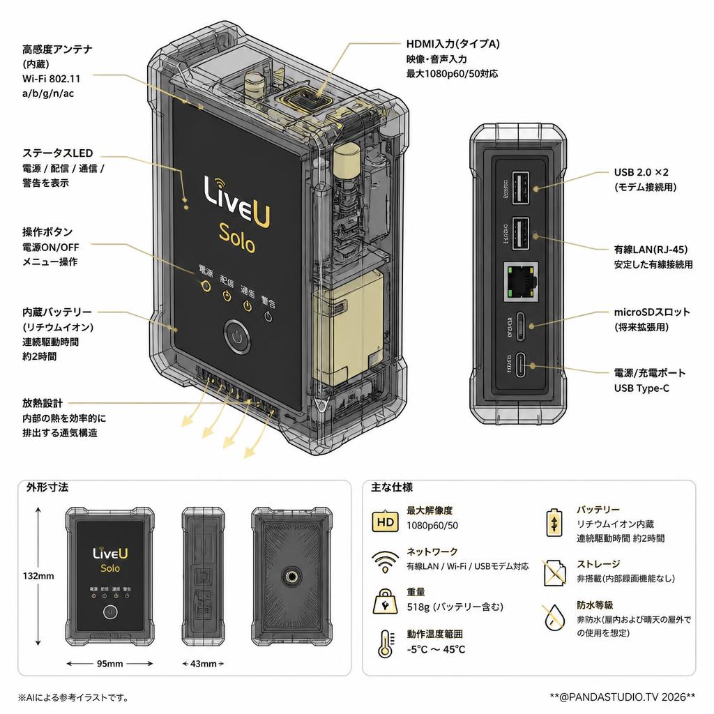 LiveU Solo (HDMI版) ベーシックセット(本体+1年間ライセンスセット) スペック