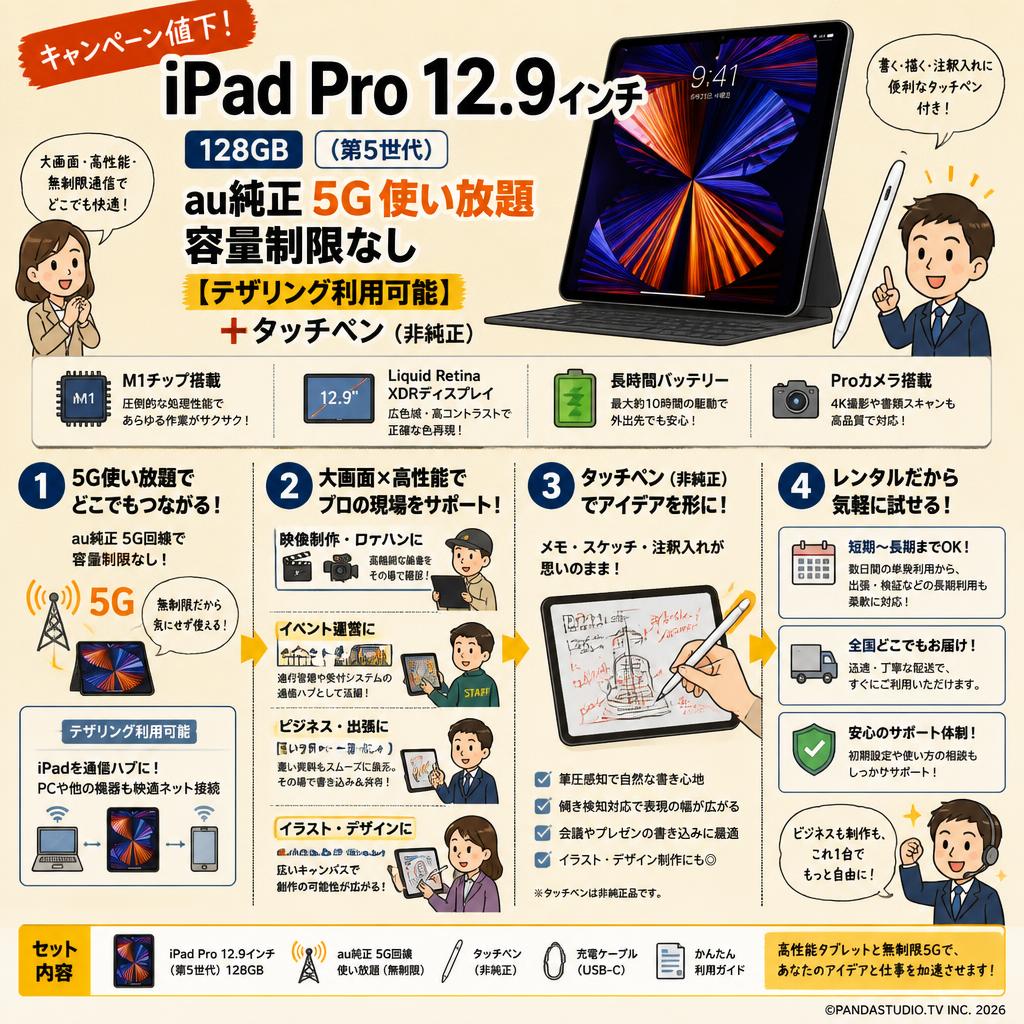 iPad Pro 12.9 インチ 128GB (第 5 世代) au純正 5G 使い放題 容量制限なし【テザリング利用可能】+タッチペン（非純正） おもな対象のお客様
