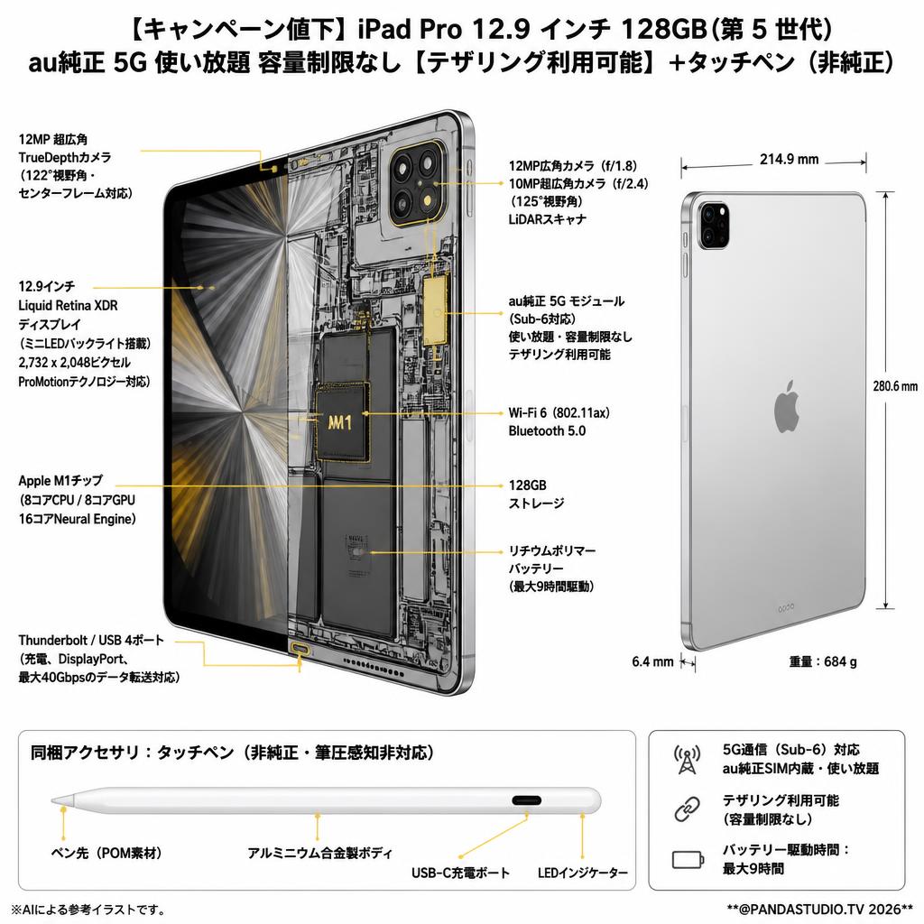 iPad Pro 12.9 インチ 128GB (第 5 世代) au純正 5G 使い放題 容量制限なし【テザリング利用可能】+タッチペン（非純正） スペック