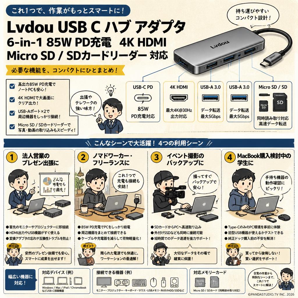Lvdou USB C ハブ アダプタ 6-in-1 85W PD充電 4K HDMI Micro SD / SDカードリーダー 対応 おもな対象のお客様