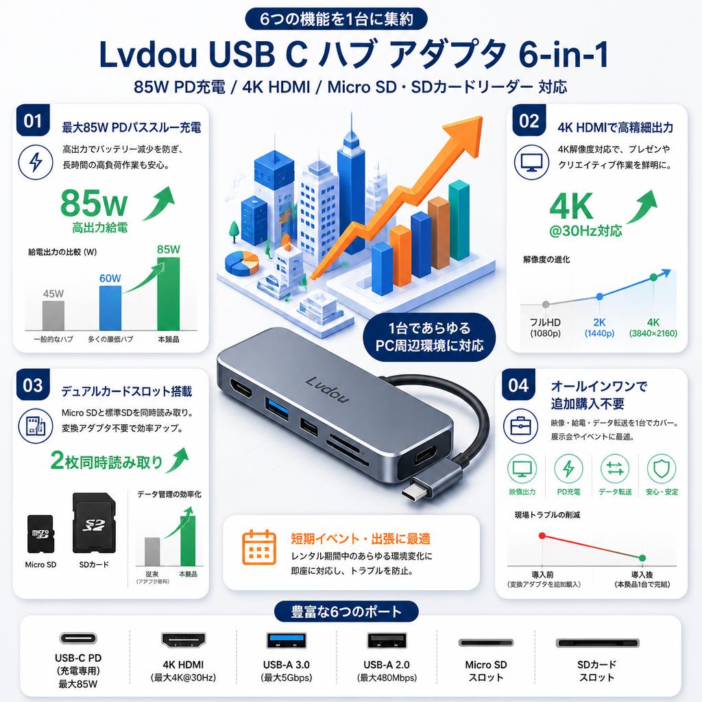 Lvdou USB C ハブ アダプタ 6-in-1 85W PD充電 4K HDMI Micro SD / SDカードリーダー 対応 セールスポイント