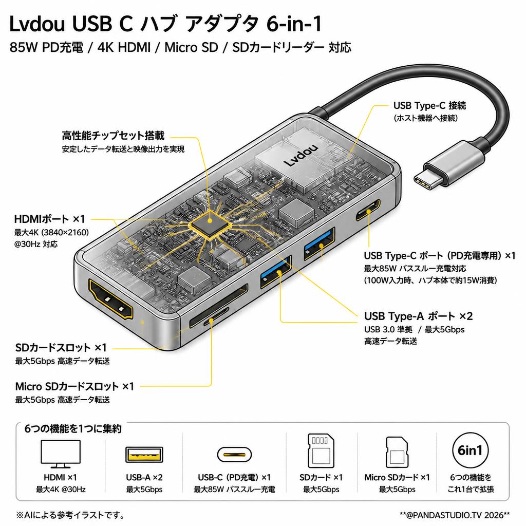 Lvdou USB C ハブ アダプタ 6-in-1 85W PD充電 4K HDMI Micro SD / SDカードリーダー 対応 スペック