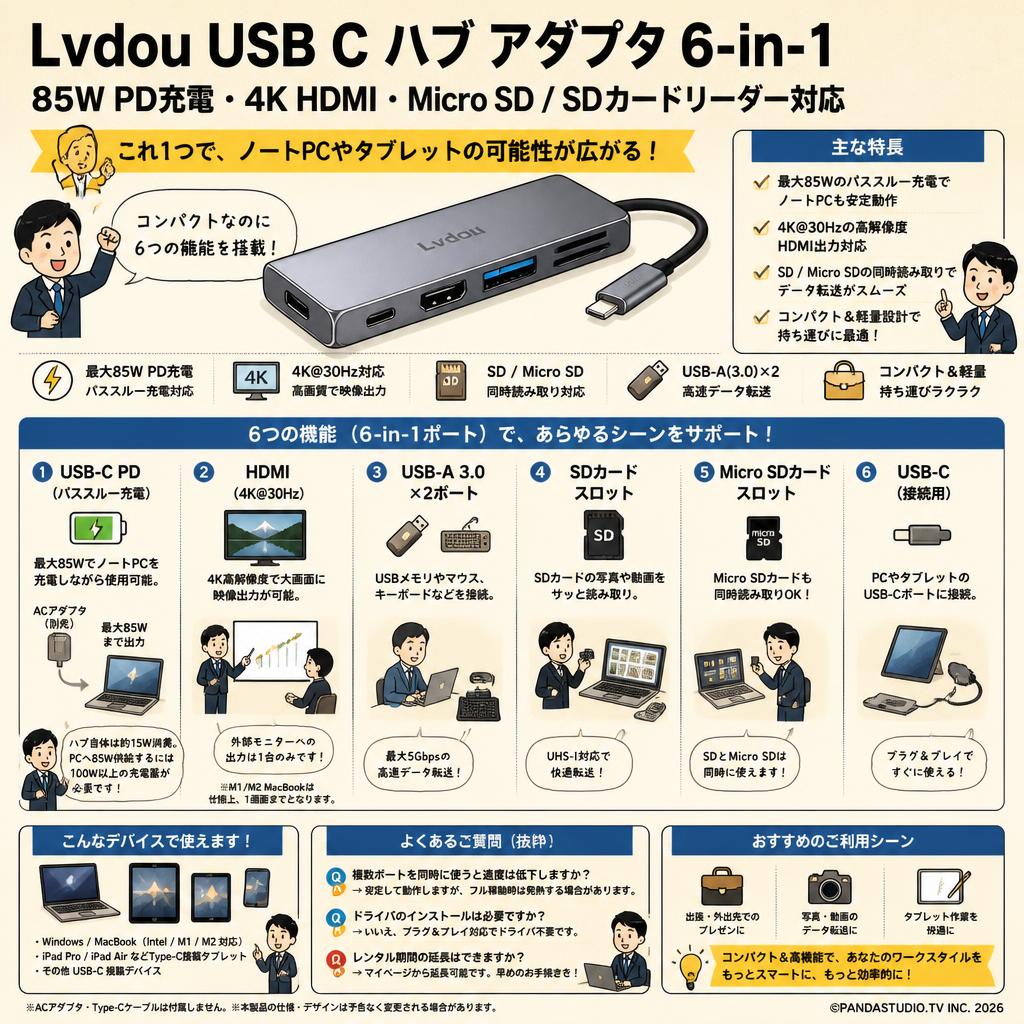 Lvdou USB C ハブ アダプタ 6-in-1 85W PD充電 4K HDMI Micro SD / SDカードリーダー 対応 FAQ（よくある質問と答え）