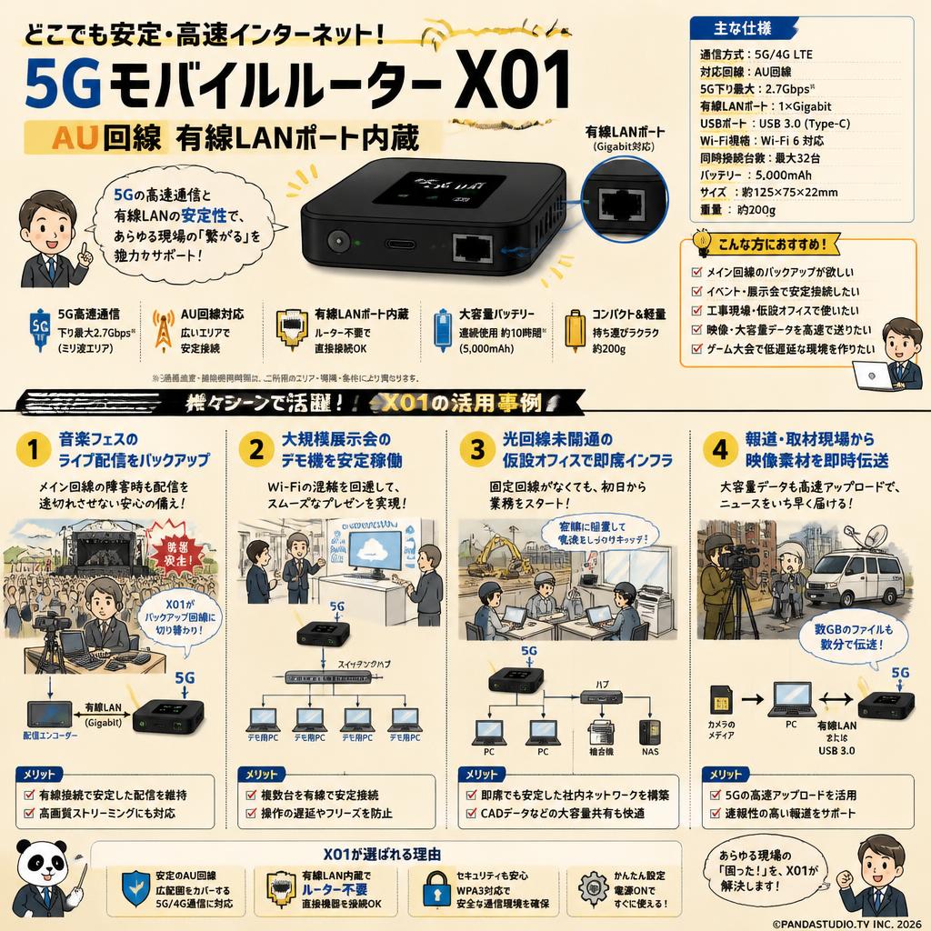 5G モバイルルーター X01 AU回線 有線LANポート内蔵 用途