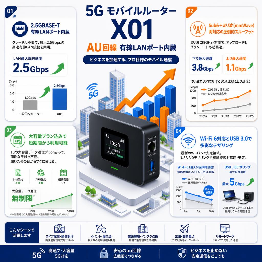 5G モバイルルーター X01 AU回線 有線LANポート内蔵 セールスポイント