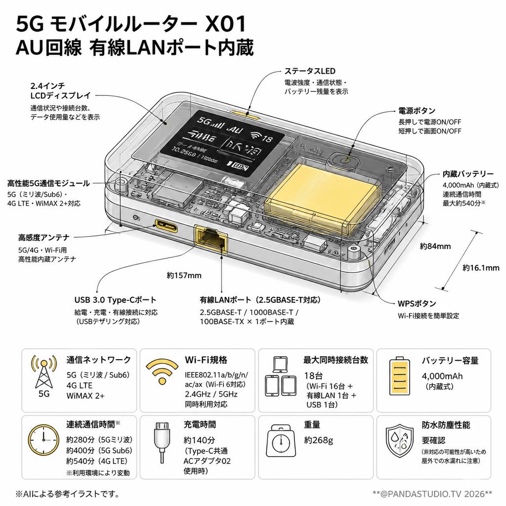 5G モバイルルーター X01 AU回線 有線LANポート内蔵 スペック
