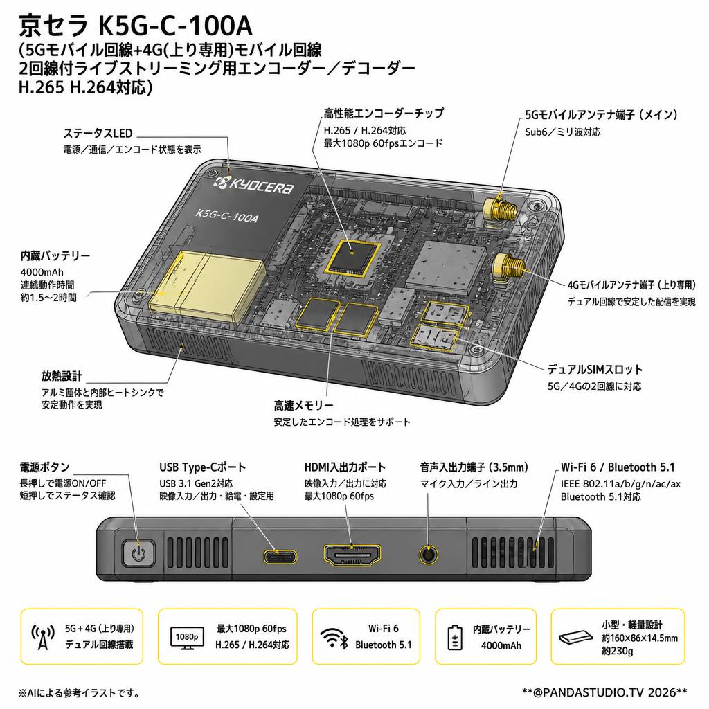 京セラ K5G-C-100A (5Gモバイル回線+4G(上り専用)モバイル回線 2回線付ライブストリーミング用エンコーダー ／デコーダーH.265 H.264対応) スペック