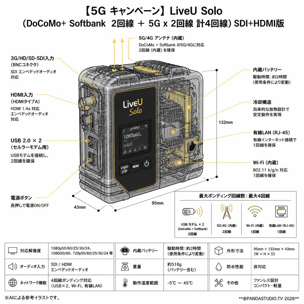LiveU Solo （DoCoMo+ Softbank  2回線 ＋ 5G x 2回線 計4回線）SDI+HDMI版 スペック