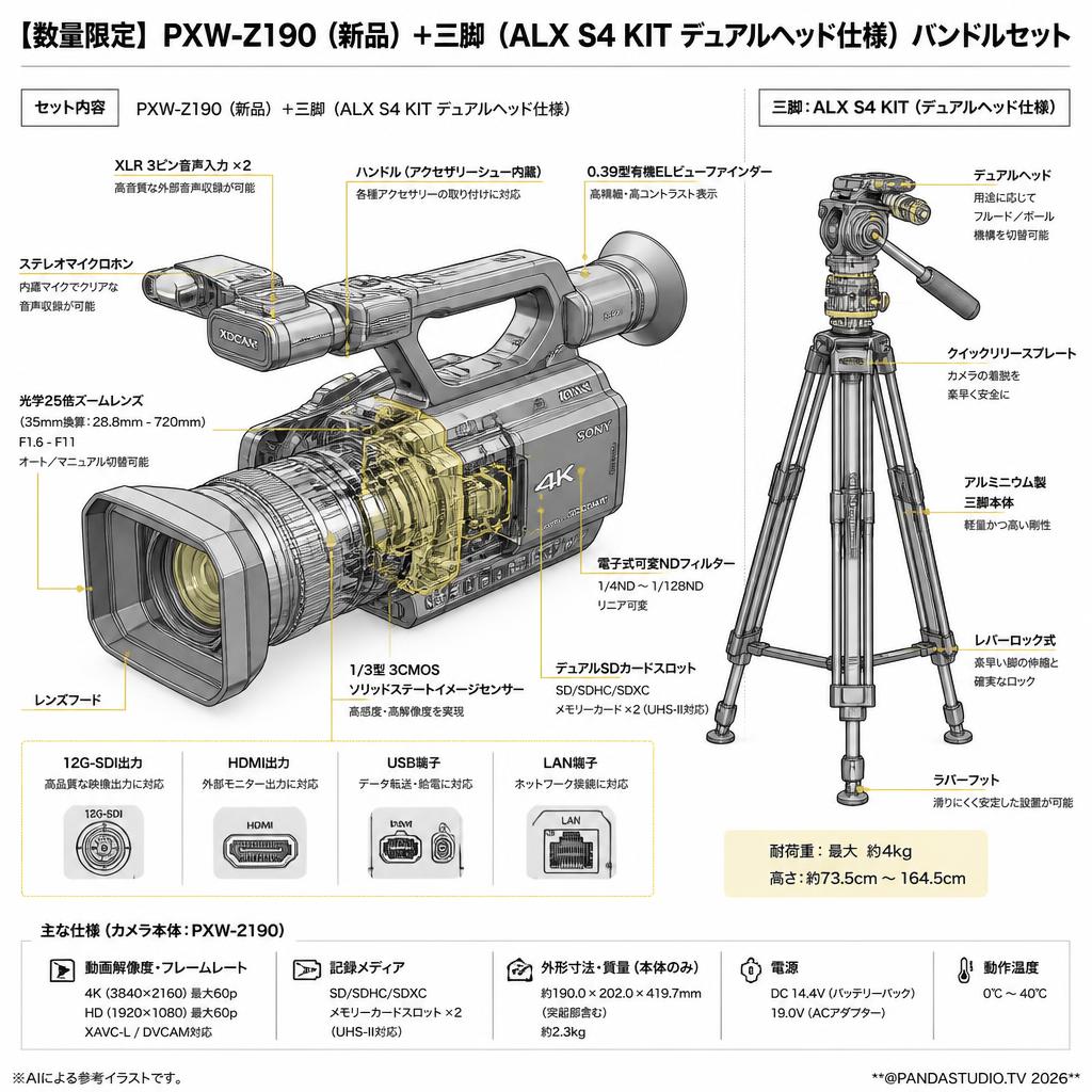 【数量限定】PXW-Z190（新品）＋三脚（ALX S4 KIT デュアルヘッド仕様）バンドルセット スペック