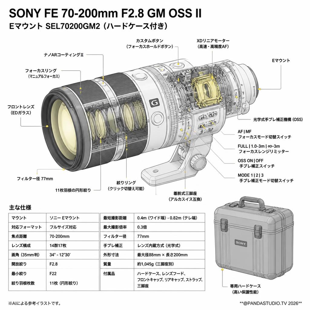 SONY FE 70-200mm F2.8 GM OSS II Eマウント SEL70200GM2（ハードケース付き) スペック